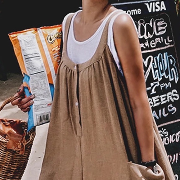 Sleeveless Scoop Neck Big Pocket Cotton Linen Boho Wide Leg Jumper Overalls - Picture 3 of 13